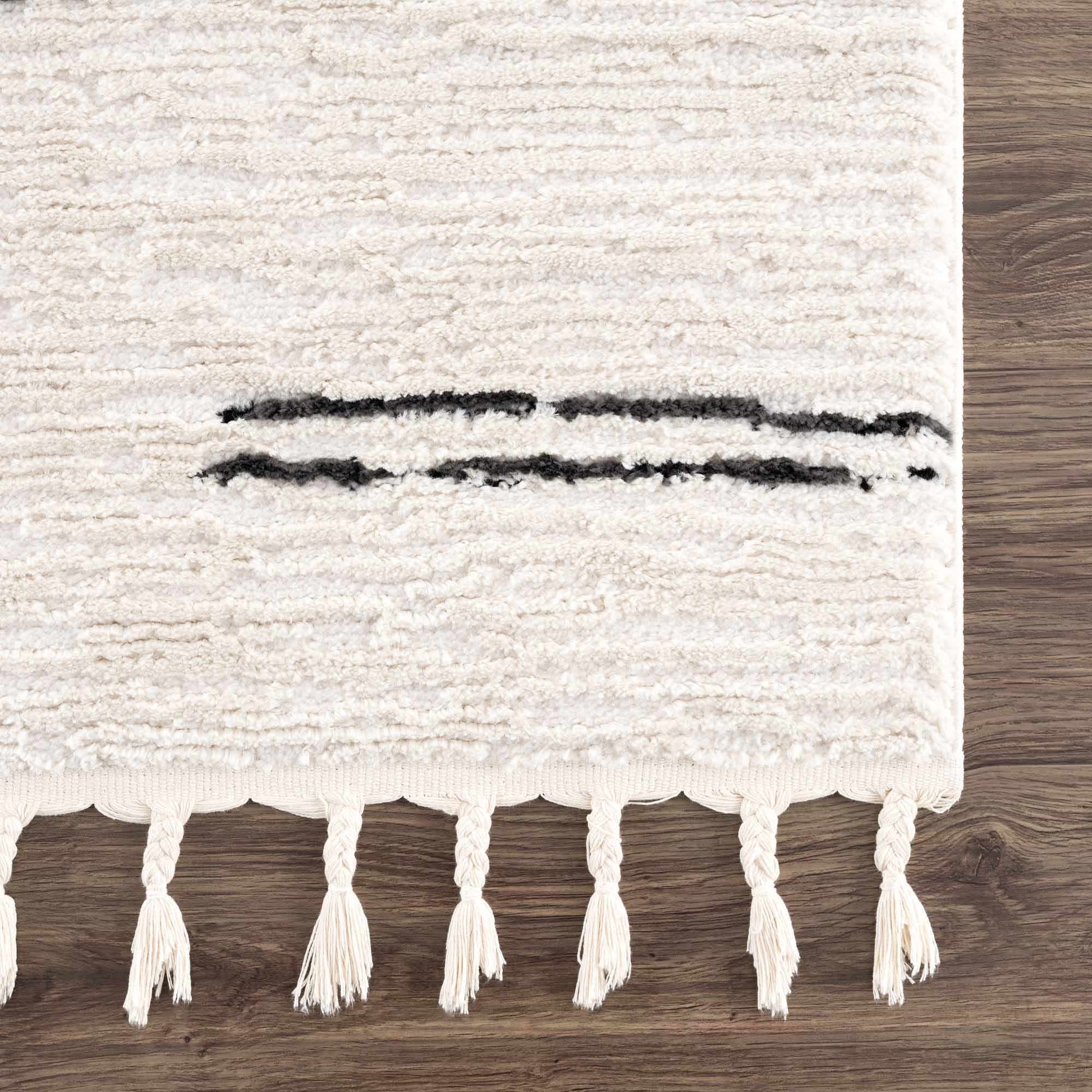 Riad Black Striped White Rug with Tassels - MyTuftedRugs.com