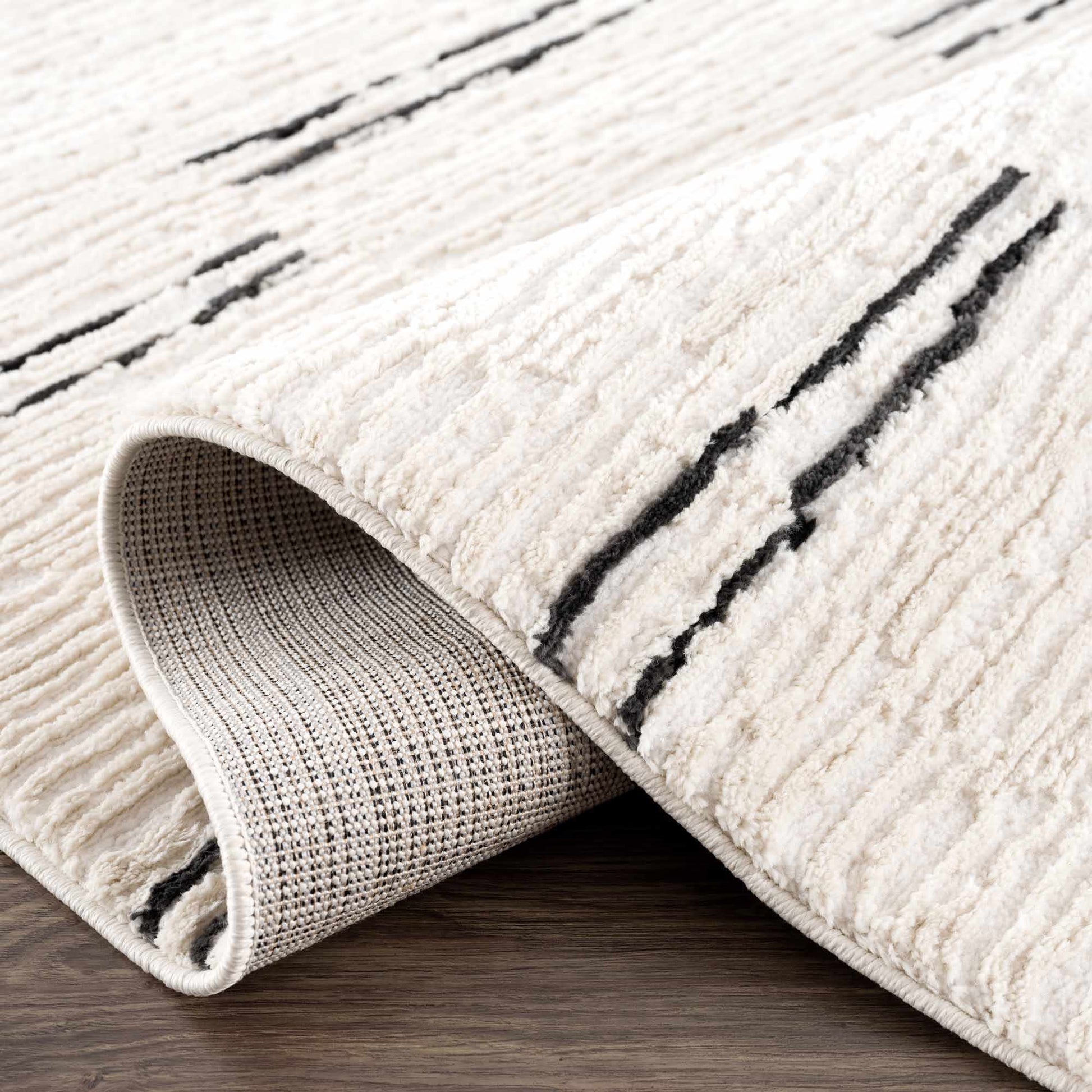 Riad Black Striped White Rug with Tassels - MyTuftedRugs.com