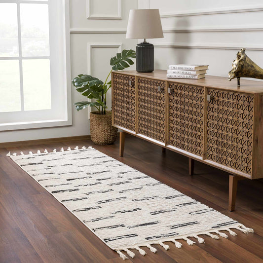 Riad Black Striped White Rug with Tassels - MyTuftedRugs.com