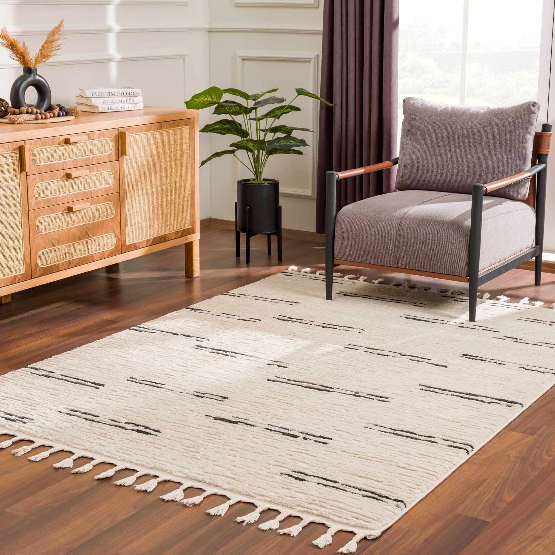 Riad Black Striped White Rug with Tassels - MyTuftedRugs.com