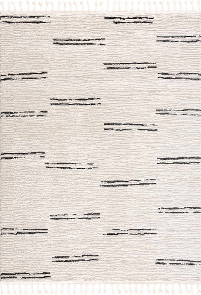 Riad Black Striped White Rug with Tassels - MyTuftedRugs.com