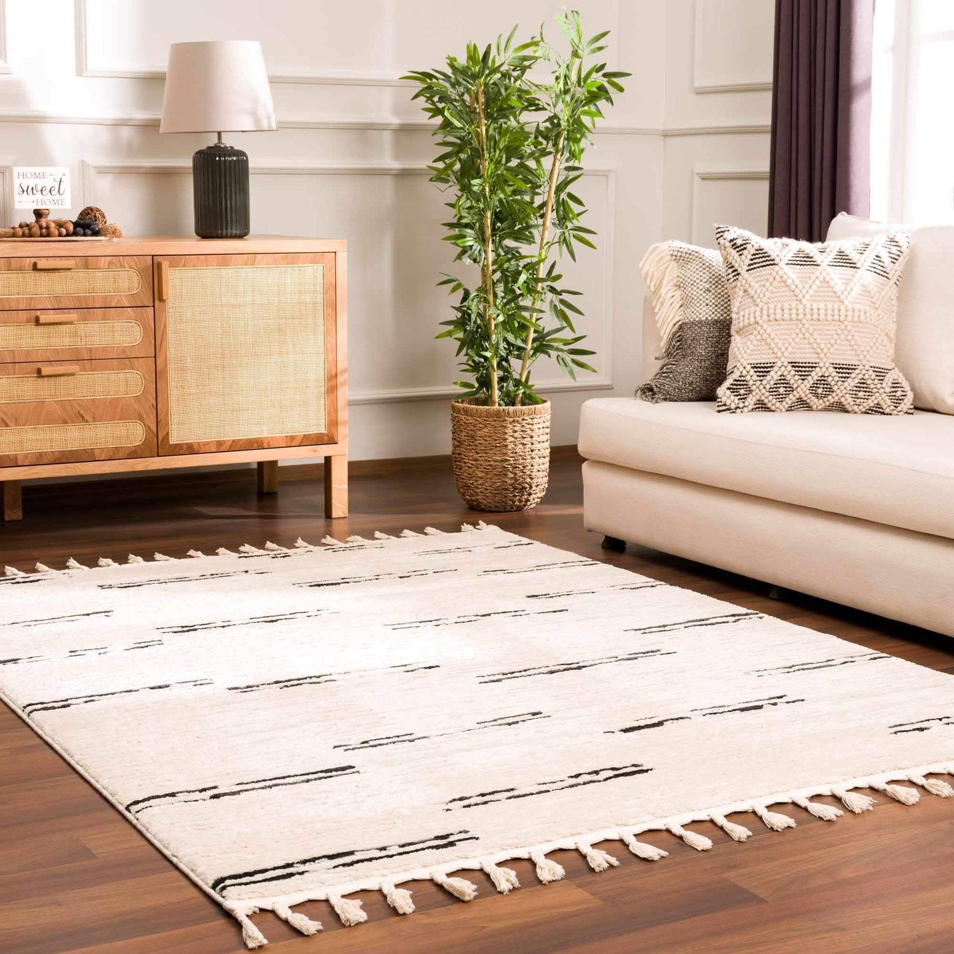 Riad Black Striped White Rug with Tassels - MyTuftedRugs.com